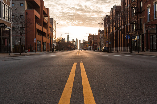 Chicago City, Illinois: April 6, 2020. Morning during the lockdown of the city during the stay at home mandate. Chicago City empty streets under the coronavirus. City under lockdown.