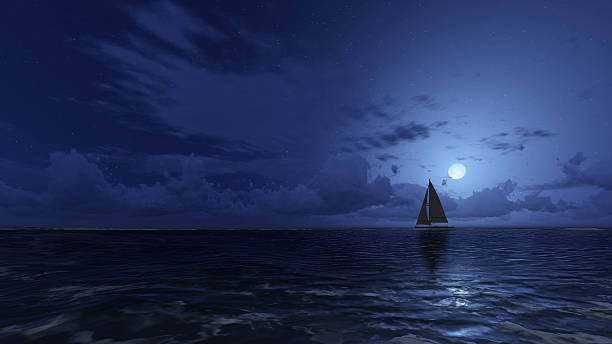 Lonely sailboat in the night ocean under half moon. Realistic 3D illustration was done from my own 3D rendering file.