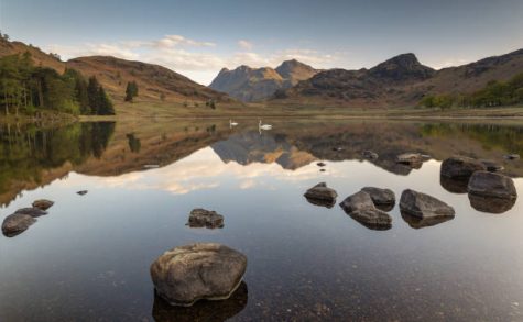 Blea tarn in the English Lake District. A calm, early morning sunrise including a couple of swans